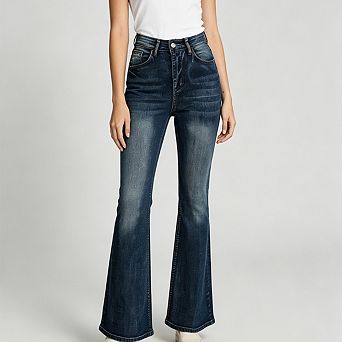 Women High Waist Bootcut Denim Jeans Classic Five Pocket Washed Denim Pants Long Casual Bottoms