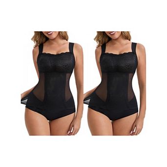 2 Packs Women's Lace Sheer Mesh Shaper Tank Breathable Wide Straps Tummy Control Undershirt