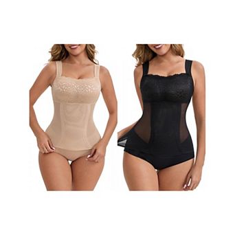 2 Packs Women's Lace Sheer Mesh Shaper Tank Breathable Wide Straps Tummy Control Undershirt