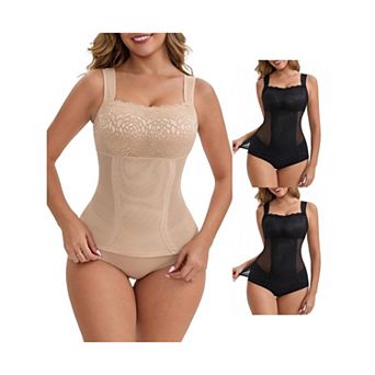 3 Packs Women's Lace Sheer Mesh Shaper Tank Lightweight Wide Straps Tummy Control Undershirt