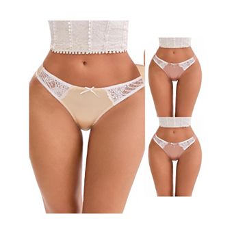 3 Packs Women's Lace Trim Satin Elastic Low-Waisted Briefs Traceless Comfortable Breathable Hipsters