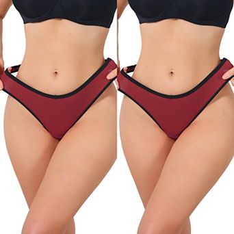 2 Packs Women's Low Waisted Ribbed Thongs Softan Breathable Contrast Color Trim Underwear Panties