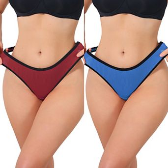 2 Packs Women's Low Waisted Ribbed Thongs Softan Breathable Contrast Color Trim Underwear Panties