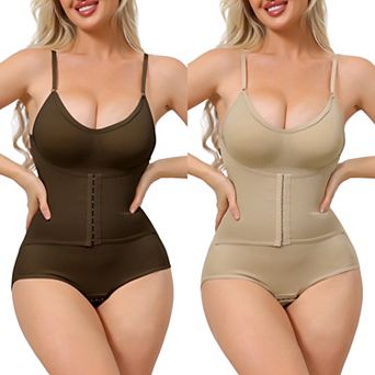 2 Packs Women's Front Hook Bodysuits Tummy Control V Neck Push Up Camisoles Hip Lifting Shapewear