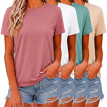 Womens 4-Pack Short Sleeve Cotton Blend Casual Crewneck Basic Tee Tops