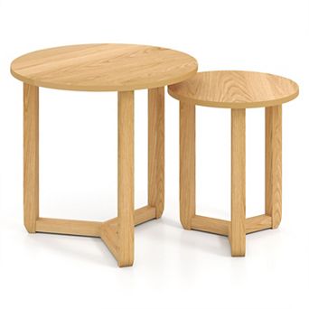 Costway Round Nesting Coffee Table Set of 2 with Thickened Top & Solid Rubber Wood Legs