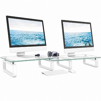Tempered Glass Dual Monitor Stand Riser Desktop Organizer For Pc Laptop