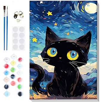 Paint by Numbers Kit Starry Night Cat on Canvas with Acrylic Paint