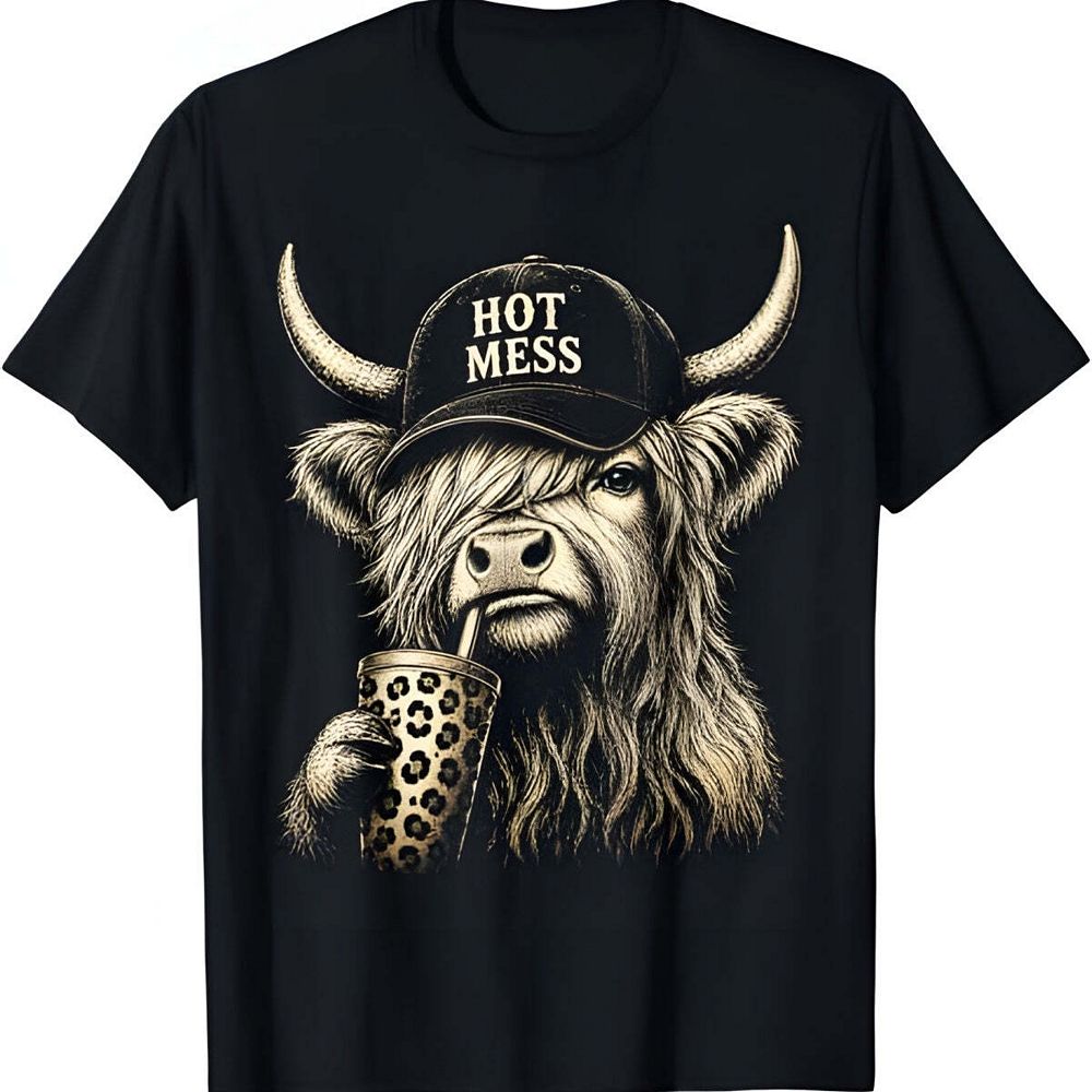Hot Mess Highland Cow Funny Coffee Lover Graphic T Shirt