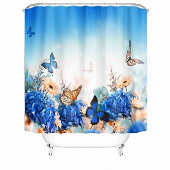 Blue Flowers And Butterflies Shower Curtains for Bathroom Waterproof Decor 72x72 Inch