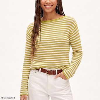 Women's Striped Pointelle Knit Boat Neck Long Sleeve Sweater