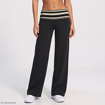 Women's Striped Foldover Waist Wide Leg Yoga Pants Full Length Flowy Workout Trousers