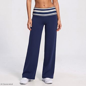 Women's Striped Foldover Waist Wide Leg Yoga Pants Full Length Flowy Workout Trousers