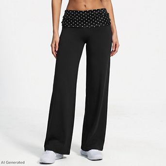 Women's Polka Dot Foldover Waist Wide Leg Yoga Pants Full Length Flowy Workout Trousers