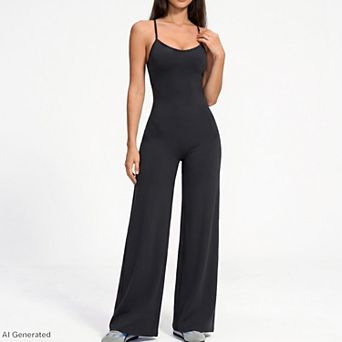 Women's Scoop Neck Wide Leg Athletic Jumpsuit with Adjustable Crisscross Back Straps for Yoga Gym