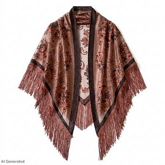 Triangle Shawl Scarf with Floral Jacquard and Fringe Trim
