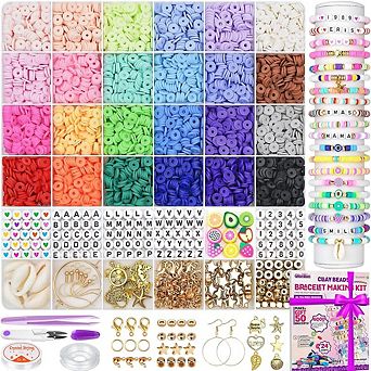 Bracelet Making Kit, 6000 Polymer Clay Beads in 24 Colors with Charms