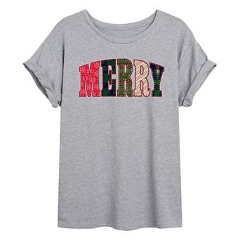 Juniors' Merry Holiday Patterns Oversized Tee