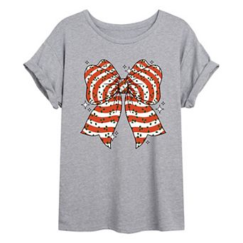 Juniors' Christmas Candy Stripe Bow Oversized Tee