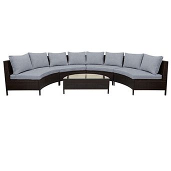 Pnronnc Half-Moon Sectional Sofa Set Patio Rattan Wicker Conversation Sets with Glass Table