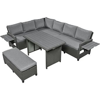 Pnronnc L-Shape Sectional Sofa Set Patio Conversation Sets with 2 Fold Tables, Dining Table, Bench