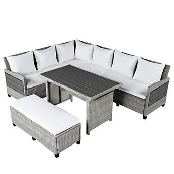 Pnronnc L-Shape Sectional Sofa Set Patio Conversation Sets with 2 Fold Tables, Dining Table, Bench