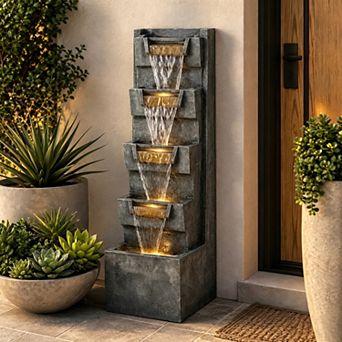 Pnronnc 4 tier Cascading Water Fountain Outdoor Fountain Stone-Look Resin Water Feature with LED