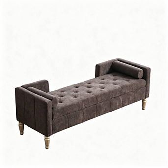 Trikiousd 64.6" Upholstered Chenille Storage Bench with Backrest, Armrests & 2 Bolster Pillows
