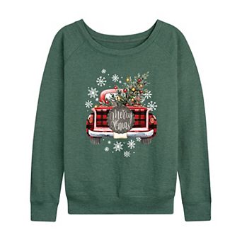 Women's Merry X-mas Vintage Red Truck French Terry Long Sleeve Tee