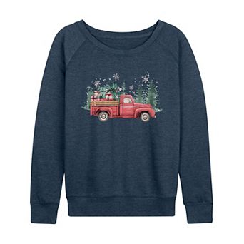 Women's Vintage Red Truck Christmas Tree & Gifts French Terry Long Sleeve Tee