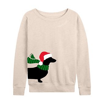 Women's Dachshund Santa Hat & Scarf French Terry Long Sleeve Tee