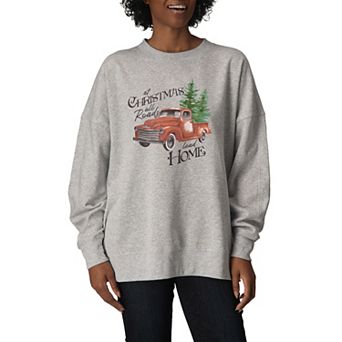 Women's “At Christmas All Roads Lead Home” Vintage Red Truck Oversized Fleece Crew Sweatshirt