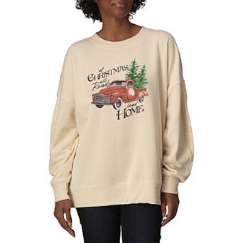 Women's “At Christmas All Roads Lead Home” Vintage Red Truck Oversized Fleece Crew Sweatshirt