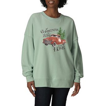 Women's “At Christmas All Roads Lead Home” Vintage Red Truck Oversized Fleece Crew Sweatshirt