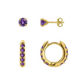 PRIMROSE 14k Gold Flash Plated Round Pave Cubic Zirconia Stud & Hoop Earrings Set