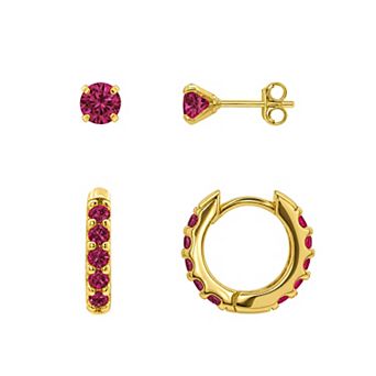 PRIMROSE 14k Gold Flash Plated Round Pave Cubic Zirconia Stud & Hoop Earrings Set