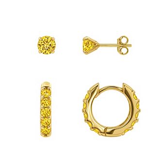 PRIMROSE 14k Gold Flash Plated Round Pave Cubic Zirconia Stud & Hoop Earrings Set