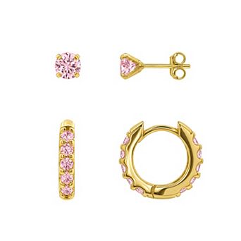 PRIMROSE 14k Gold Flash Plated Round Pave Cubic Zirconia Stud & Hoop Earrings Set