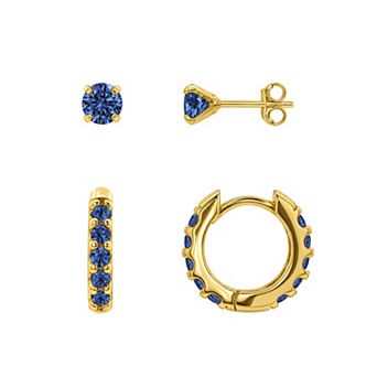 PRIMROSE 14k Gold Flash Plated Round Pave Cubic Zirconia Stud & Hoop Earrings Set
