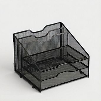Letter Tray Organizer, Mesh Desk File Organizer with 3 Paper Trays and 2 Vertical Upright Section