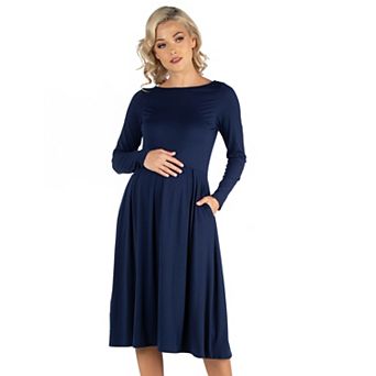 Maternity 24Seven Comfort Apparel Midi Length Fit & Flare Pocket Dress