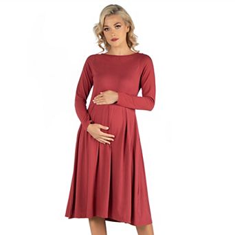 Maternity 24Seven Comfort Apparel Midi Length Fit & Flare Pocket Dress