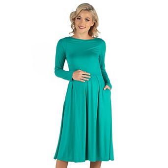 Maternity 24Seven Comfort Apparel Midi Length Fit & Flare Pocket Dress
