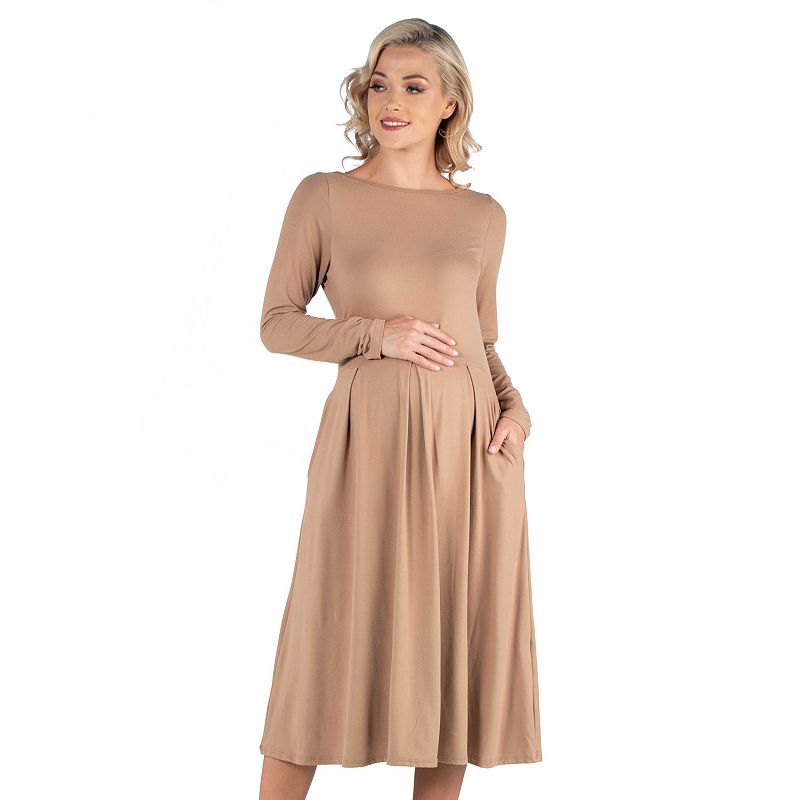 Maternity 24Seven Comfort Apparel Midi Length Fit & Flare Pocket Dress, Women's,
