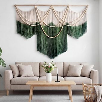 Boho Macrame Wall Hanging Handwoven Fiber Art Wood Beads Home Decor