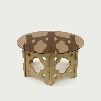 KWPZQEB 31.1" Round Coffee Table with Tempered Glass Top & Floral Hollow Wood Base for Living Room