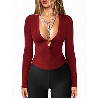 XuBa Y2K Top Deep Long Sleeve V-Neck Ribbed Shirt