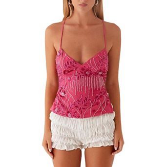 XuBa Women’s Floral Sequin Cami Top V-Neck Back Tie Strap Crop Camisole