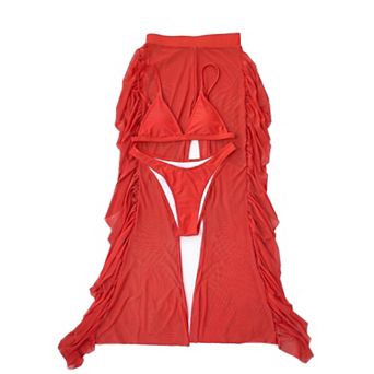 Elitechoice Women's 3 pc Bikini Set Ruffle Mesh Flared Cover-Up Beach Vacation Bathing Suit