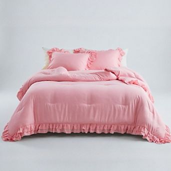 Ruffled Comforter Set Twin Size, 3 pc Pink Fluffy Bedding, Shabby Chic Style